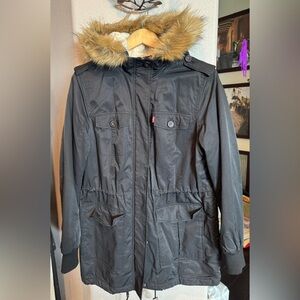 Women’s Levi Strauss & Co Black Parka with Faux Fur Hood Large L
